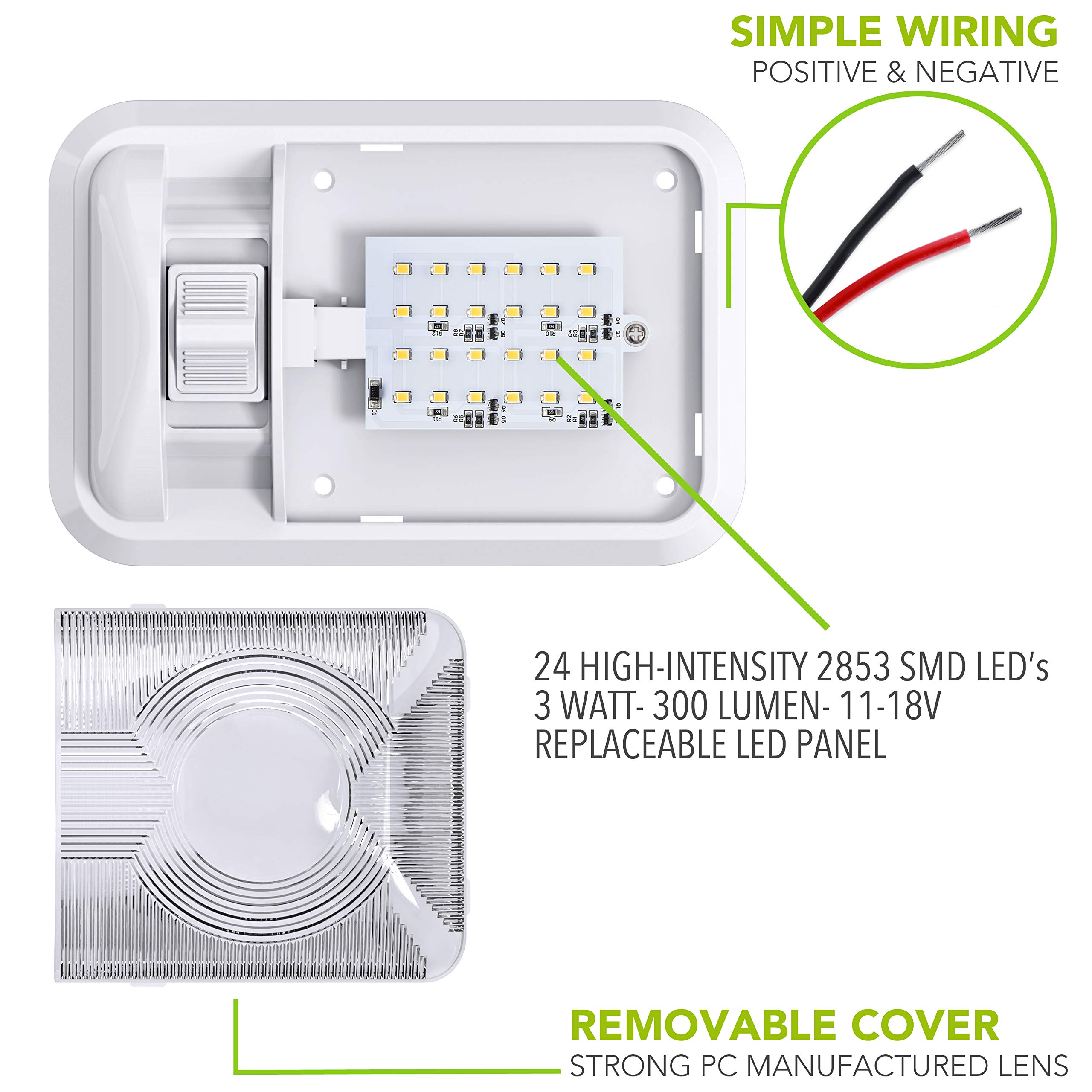 Leisure LED 2 Pack 12V RV Ceiling Dome Light RV Interior Lighting for Trailer Camper with Switch, Single Dome 300LM (Natural White 4000-4500K, 2-Pack) - Image 4
